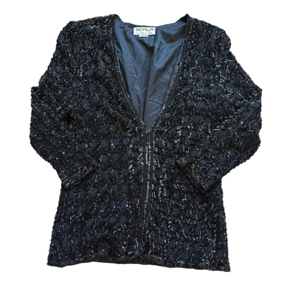 Scala Jackets & Blazers - Vintage Scala Black Beaded Sequin Evening Jacket Art Deco Glam Cocktail Party L